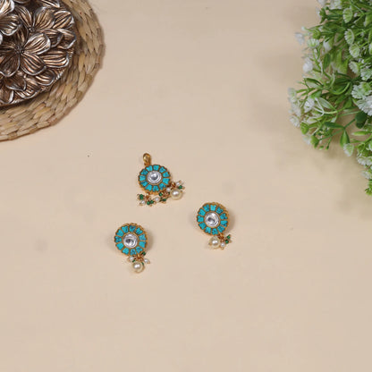 Unique and Beautiful Designer Turquoise Jadau Kundan Pendant Earring Set with Pearl Hangings