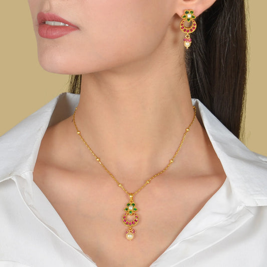 Minimalist Designer Jadau Kundan Pendant Earring Set with Pearl Hangings