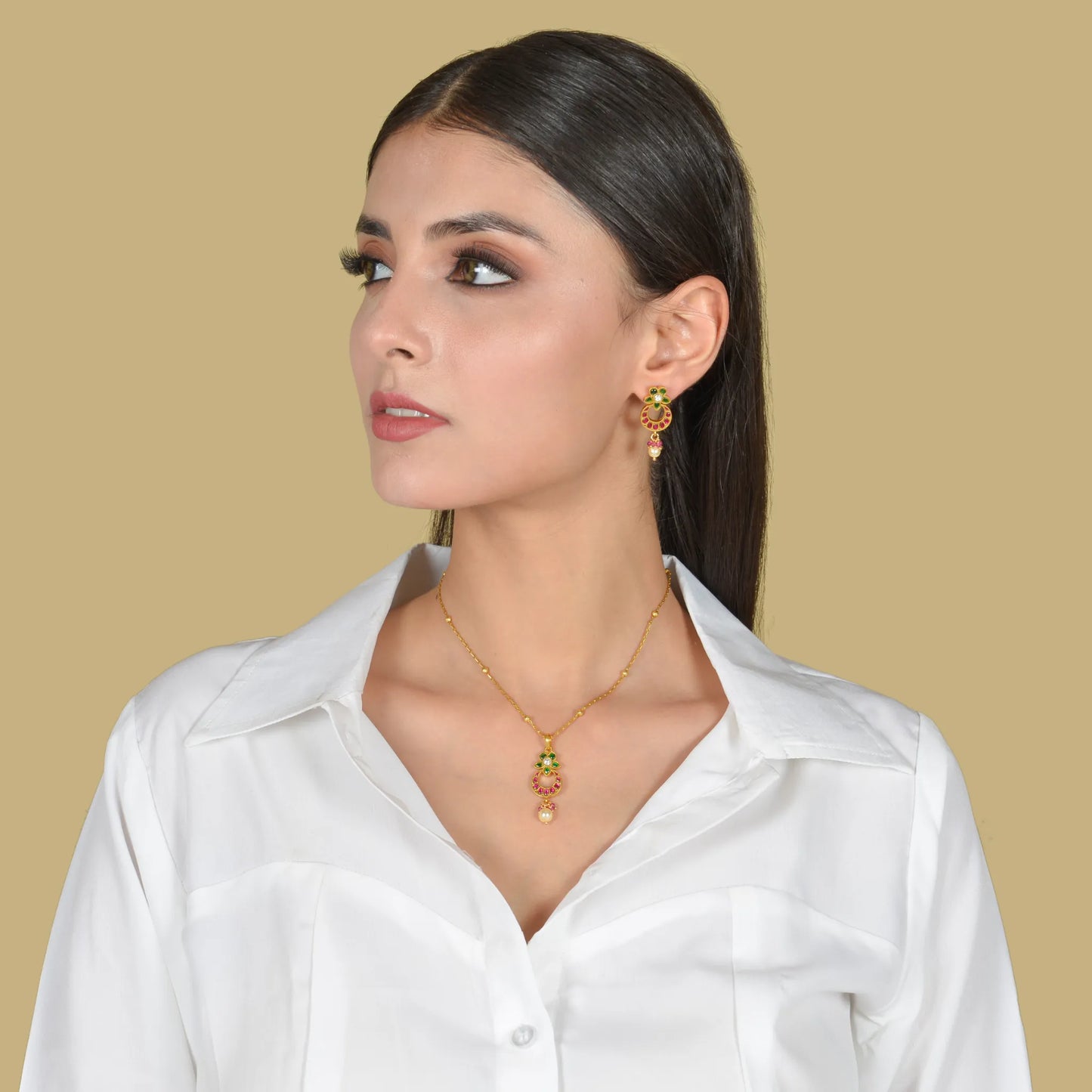 Minimalist Designer Jadau Kundan Pendant Earring Set with Pearl Hangings