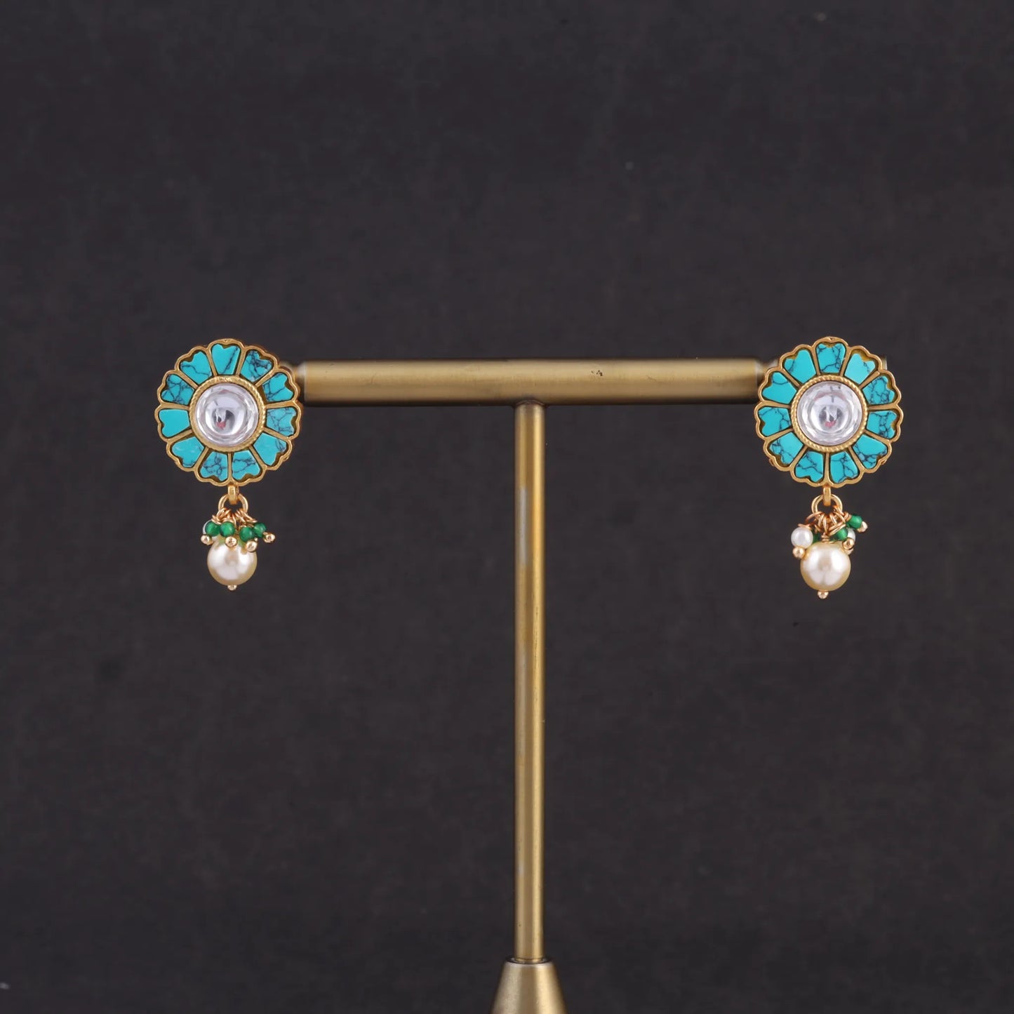 Unique and Beautiful Designer Turquoise Jadau Kundan Pendant Earring Set with Pearl Hangings