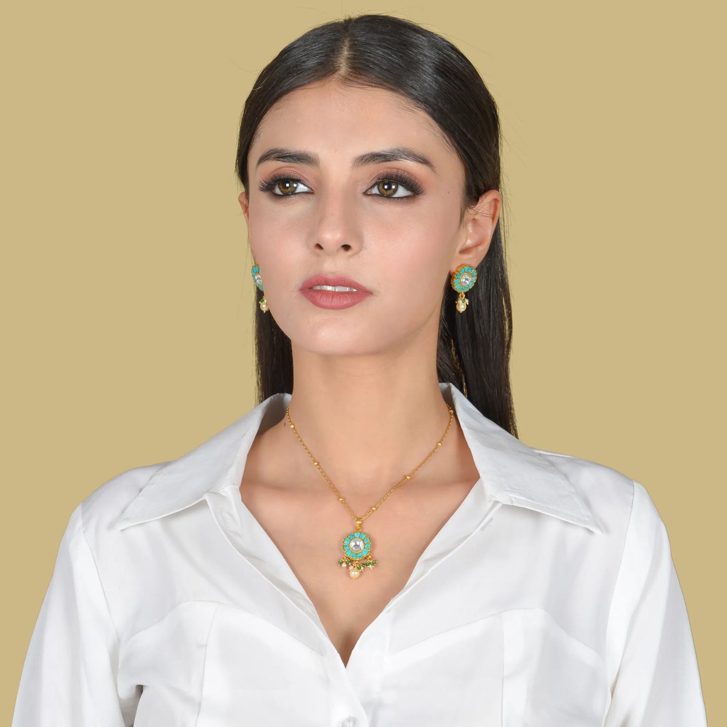 Unique and Beautiful Designer Turquoise Jadau Kundan Pendant Earring Set with Pearl Hangings