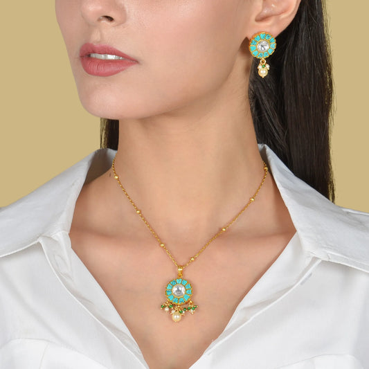 Unique and Beautiful Designer Turquoise Jadau Kundan Pendant Earring Set with Pearl Hangings