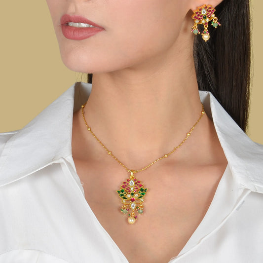 Designer Lotus Jadau Kundan Pendant Earring Set with Pearl and Green Beads Hangings