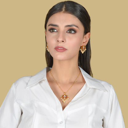 Dainty Lotus Designer Jadau Kundan Pendant Earring Set with Pearl Hangings