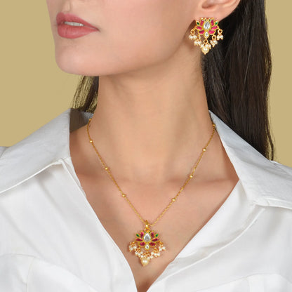 Dainty Lotus Designer Jadau Kundan Pendant Earring Set with Pearl Hangings