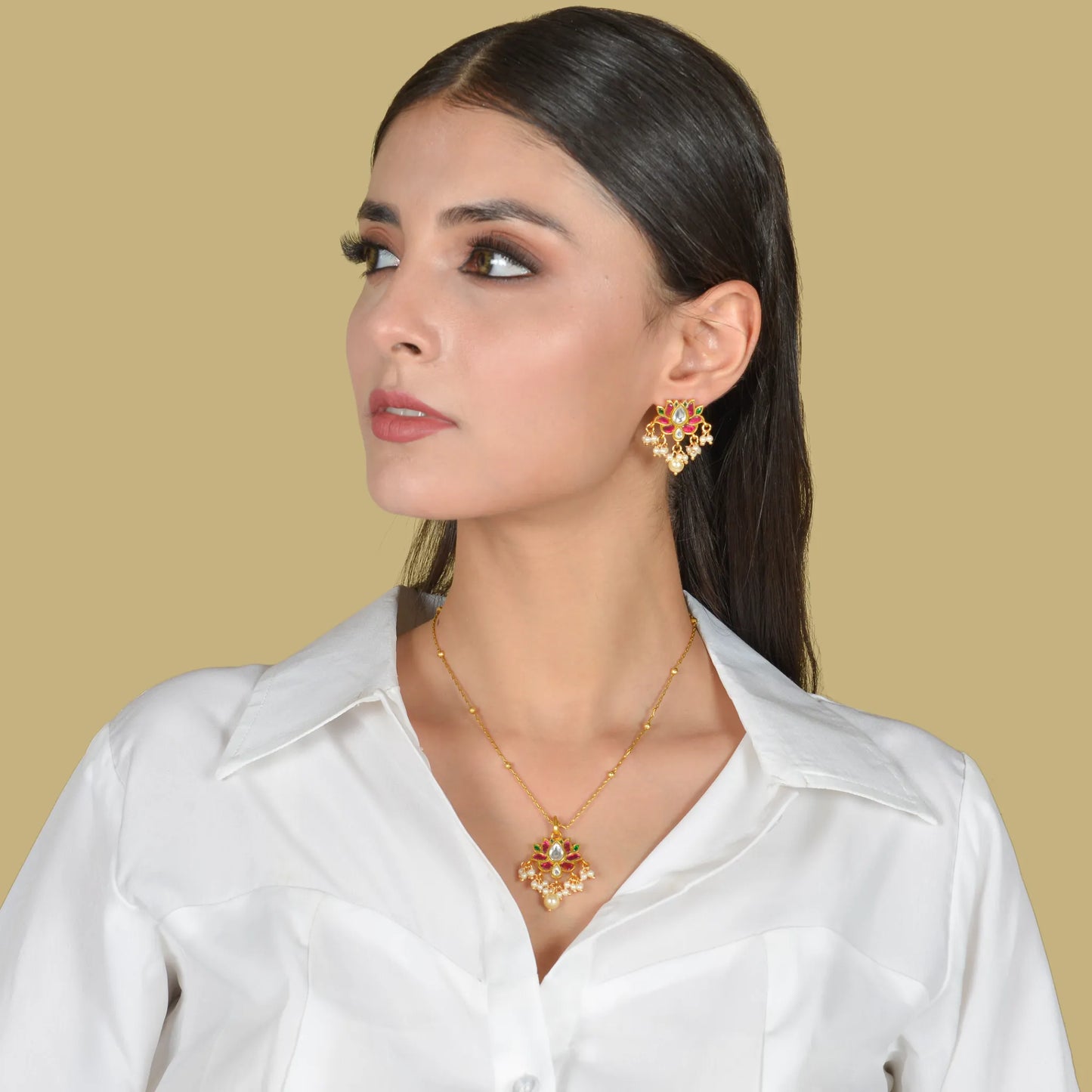 Dainty Lotus Designer Jadau Kundan Pendant Earring Set with Pearl Hangings