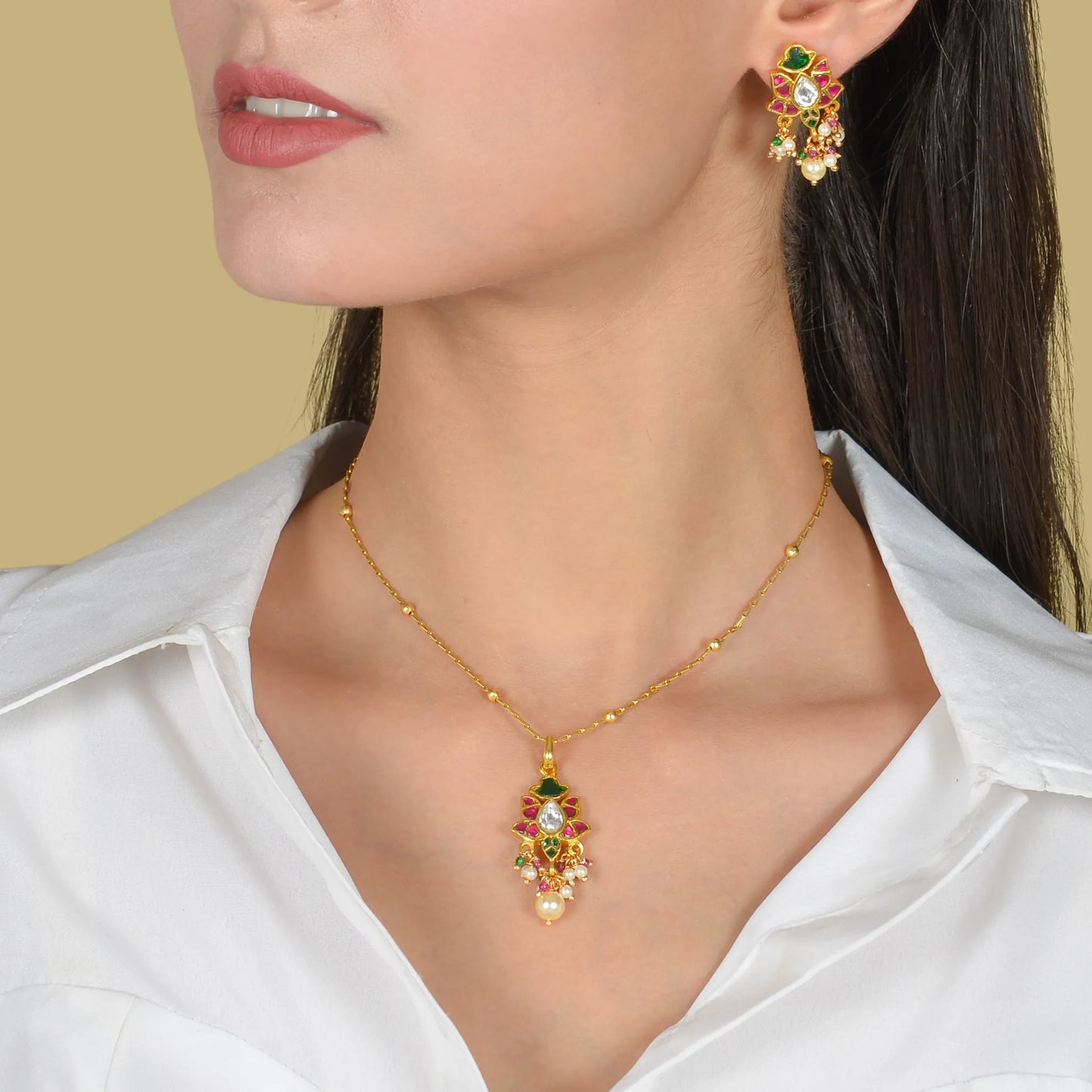 Glorious Designer Jadau Kundan Pendant Earring Set with Pearl Hangings